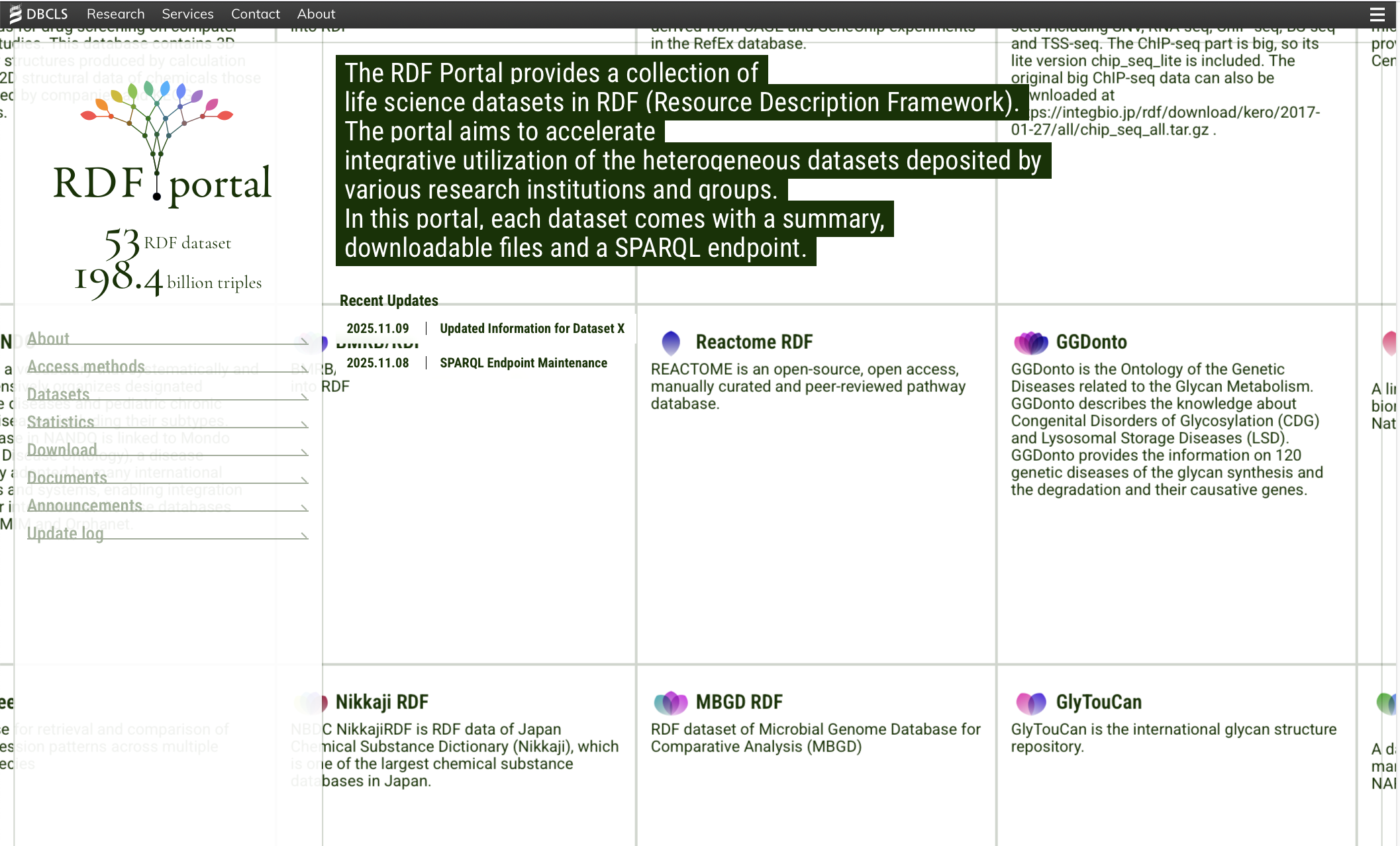 Screenshot: RDF Portal top page showing the sidebar navigation and main content area